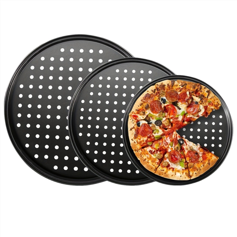 Pizza Stone Baking - Perforiertes Pizza-Backblech-Set aus Kohlenstoffstahl, Antihaftbeschichtet, Mehrzweck-Kochplatte,